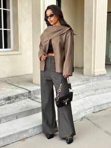 SHEIN PETITE Women's Solid Color Scarf Design Loose Casual Wool Blend Jacket Brown Jacket In Fall/Winter - Khaki - View 3