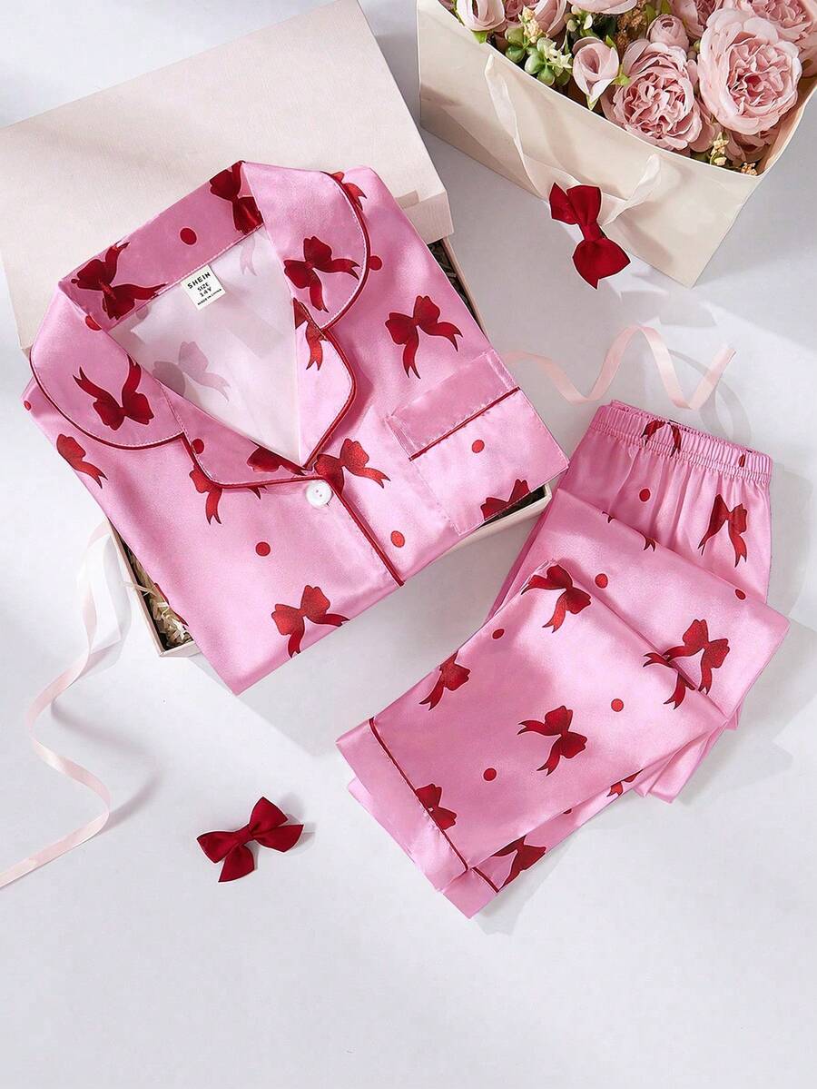 2pcs Girls Apricot Base Fully Allover Print Red Bow Ribbon Blouse And Casual Pants Homewear Set - Baby Pink - View 1