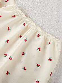 Girls Pajama Set Thermal Loungewear 2-Piece Set - Cream Red Cherry Pajamas Sweet Cherry Print Lapel Design Cream Red Vintage Elegant Color Thermal Knit Fabric Long Sleeve Lapel Top Pants Cherry Combo Social Media Style Sweet Vintage Autumn Winter Spring Holiday Essential Tween Girl Home Set Two Pieces Sleepwear Set Pajamas Set Two Pieces - Apricot - View 7