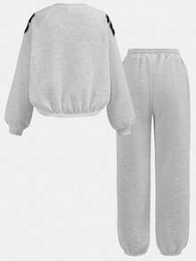 SHEIN Girlism Teen Girls Casual Loose V-Neck Pullover Hoodie & Printed Drawstring Waist Sweatpants 2-Piece Set, Autumn/Winter - Light Grey - View 2