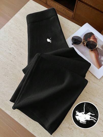 Elamini 女式休闲百搭户外白色刺绣长款系带针织毛衣裤