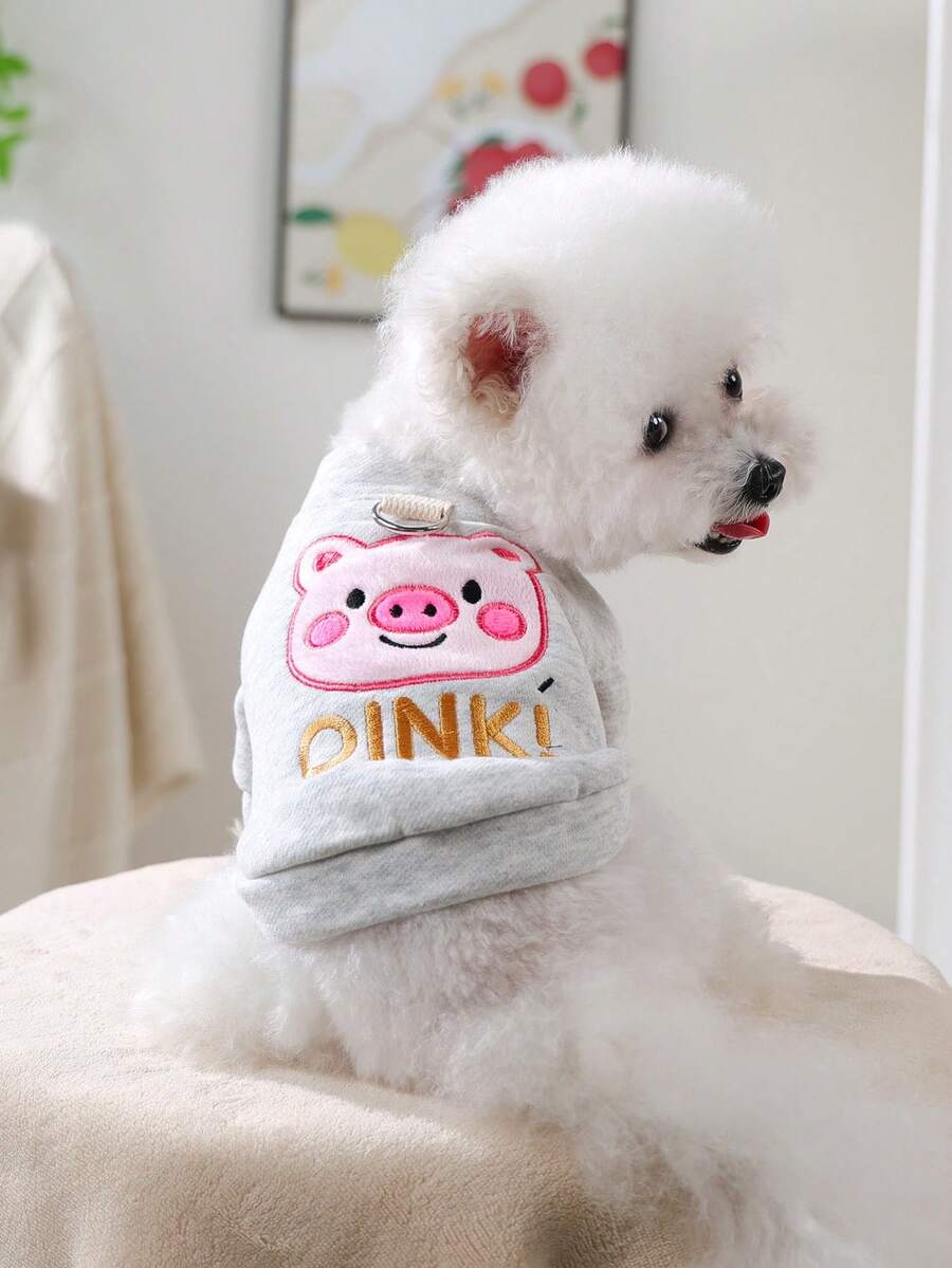 PETSIN 1件宠物服装,可爱刺绣卡通粉色小猪图案开衫外套,温暖舒适,适合狗狗秋冬季穿着 - 粉小豬 - 查看 1