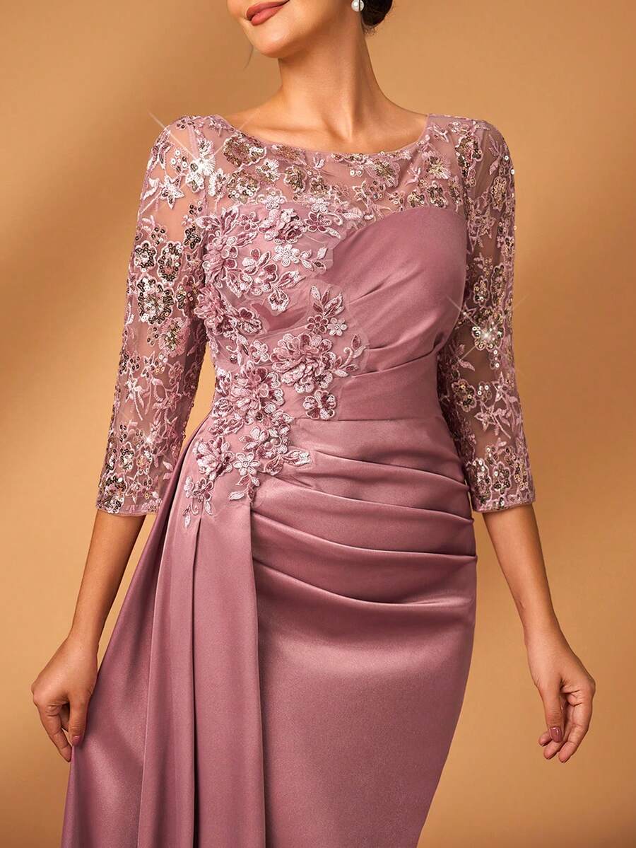 Serin 优雅奢华的亮片蕾丝拼接弹力缎面褶皱侧开衩鱼尾连衣裙，配以薄纱袖子，适合婚礼、派对、度假、舞会、新娘母亲晚礼服、情人节等场合。