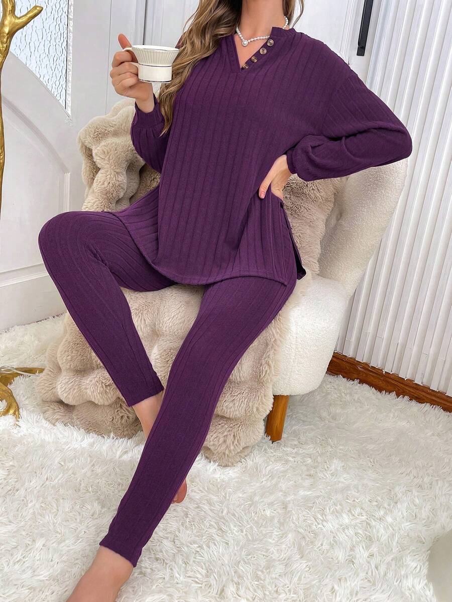 SHEIN Solid Color Textured Half-Zip Top & Pants Women Loungewear Set Fall Winter Clothes - Purple - View 1