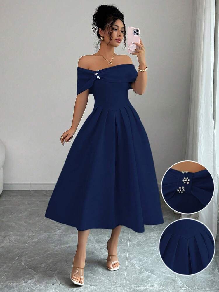Elenzga Fashionable Off Shoulder Short Sleeve Rhinestone Decor Flared Midi Dress For Women - Navy Blue - View 1