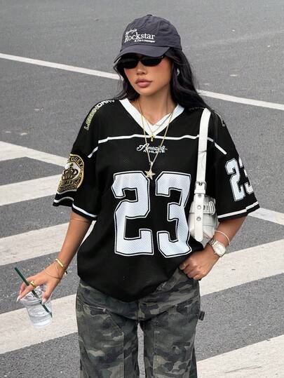 Teen Girl Sporty Drop Shoulder T-Shirt In Polyester With Number Print And Long Fit Oversized T Shirt Jersey Hip Hop Simple Streetwear Summer Rapper T-Shirt