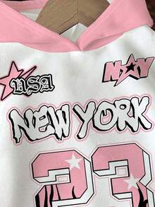 SHEIN Happikins 女童撞色街头运动风卫衣，23号字母印花，休闲舒适厚实保暖柔软宽松卫衣，适合秋冬季日常穿着、街头风、校园风、度假风、舒适季节、秋冬季穿搭、轻松舒适、秋冬季叠穿、时尚女孩、休闲装、运动街头数字印花、秋冬季、时尚秋季、新款式、返校季、冬季时尚、POV - 彩色 - 查看 4