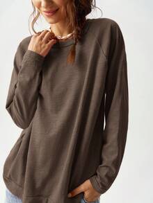 Bohemela 秋季大码休闲纯色圆领插肩袖T恤 - 咖啡棕 - 查看 8