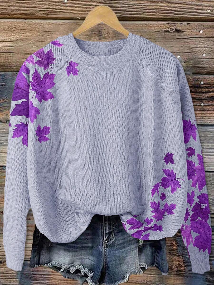 Linhara Suéter casual de talla grande con cuello redondo y mangas raglán con estampado de hojas, para otoño/invierno - Morado - Ver 1