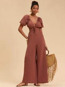 Travachic Damen einfarbiger tiefer V-Ausschnitt, sexy kurzer Jumpsuit mit Hohlmuster