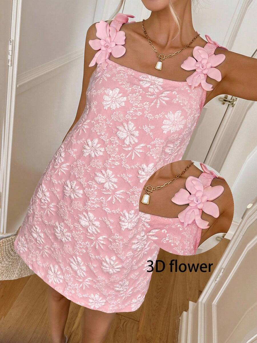 Easowa Women's Pink Casual Short Tunic Dress With Straps And 3D Floral Knot Detail, Sleeveless Woven Fabric Straight Hem Plant Pattern - Pink - View 1