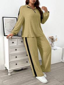 EMERY ROSE Plus Size Black Autumn Casual Curve Loungewear Zip Collar Soft Knit Ribbed Side Contrast Splice Lantern Sleeve T-Shirt&Wide Leg Pants 2-Piece Set - Multicolor - View 6