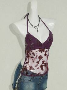 SHEIN ICON 女式露背亮片透视V领短款性感吊带背心 - 紅色 - 查看 8