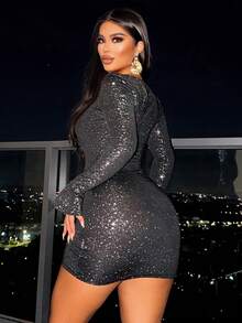 INAWLY Vestido mini ajustado con cuello en V profundo, mangas acampanadas, hebilla en la cintura y decoración de lentejuelas negras brillantes, adecuado para fiestas y reuniones