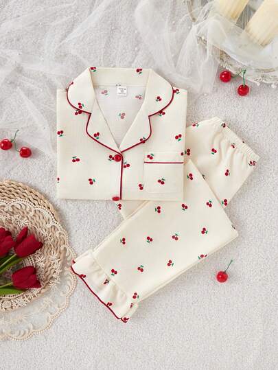 Girls Pajama Set Thermal Loungewear 2-Piece Set - Cream Red Cherry Pajamas Sweet Cherry Print Lapel Design Cream Red Vintage Elegant Color Thermal Knit Fabric Long Sleeve Lapel Top Pants Cherry Combo Social Media Style Sweet Vintage Autumn Winter Spring Holiday Essential Tween Girl Home Set Two Pieces Sleepwear Set Pajamas Set Two Pieces