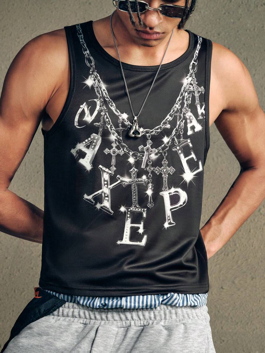 AXEPEAK Niche Design 跨亚文化朋克复古哥特式男士无袖 T 恤背心 - 黑色 - 查看 1