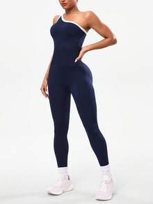 Seamluxe SHEIN Sport Nahtloser, sexy, asymmetrischer, schulterfreier, ärmelloser Lifting-Yoga-Jumpsuit, einteiliger Workout-Jumpsuit, nahtloser Workout-Jumpsuit, marineblauer Workout-Jumpsuit, nahtloser Yoga-Jumpsuit, Workout-Bodysuit, Gym-Jumpsuits