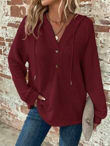 SHEIN Clasi Plain Style Solid Color Hooded Long Sleeve Pullover Sweatshirt,Long Sleeve Tops In Fall/Winter - Burgundy - View 6