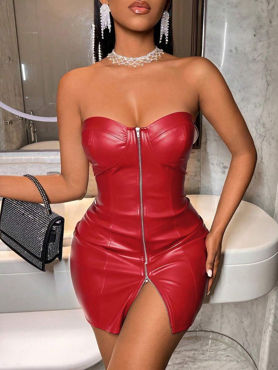 BamGleam Women's Red Leather Zip Front Sexy Bandeau Dress - Red - View 1