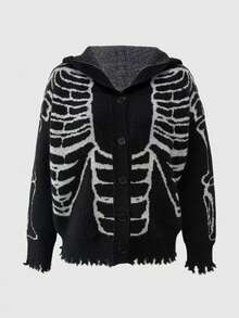 ROMWE Halloween  Gothic Skeleton Jacquard Distressed Design Hooded Cardigan Sweater For Women - Black - View 9