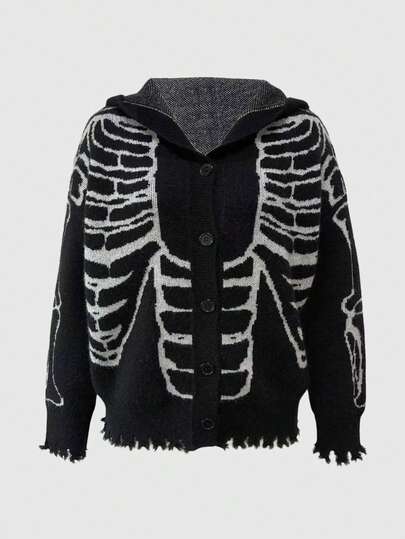 Goth Gothic Skelett Jacquard Vintage Design Kapuzen Strickjacke für Frauen