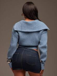 Denimoi 不对称拉链高领毛衣，适合秋冬时尚毛衣开衫 - 藍色 - 查看 4