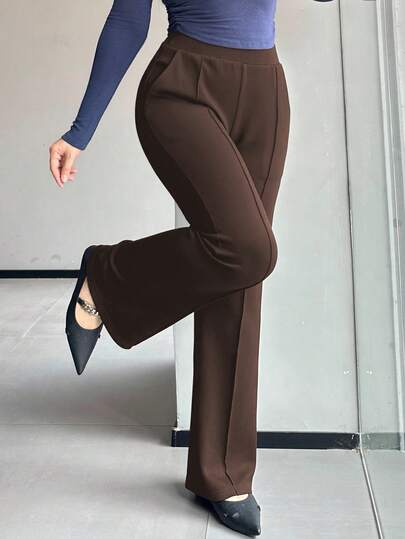 Dazy Plus Plus Size Women Solid Color Elastic Skinny Flare Leg Casual Pants, All Season