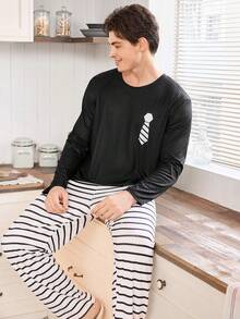 CoupledUp Striped Casual Long Sleeve Top & Pants Men Pajama Set Fall Winter Clothes - Black - View 5