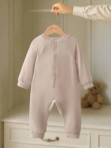 Souflis Souflis French Retro Cute Bear Pattern Beige Long Sleeve Jumpsuit, Suitable For Home, Outings, And Various Occasions, Unisex Baby Jumpsuit, Autumn/Winter Baby Jumpsuit Bear Mocha Baby Clothes - Apricot - View 3