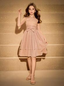 少女优雅香槟金色和银色细肩带褶饰腰部可爱蝴蝶结多层裙装 - 香檳色 - 查看 6