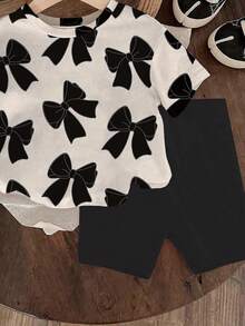 SHEIN Baby Girls' Bow Allover Print Round Neck Short Sleeve T-Shirt And Knitted Legging Shorts 2 Pieces Outfit, Adorable, Black Bow Baby Outfit Casual Baby Girl Clothes - Black - View 5