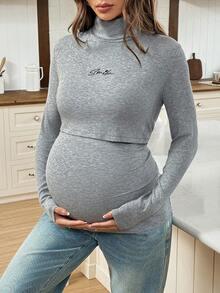 SHEIN Top de lactancia casual con cuello alto y bordado de letras, otoño/invierno - Gris - Ver 5
