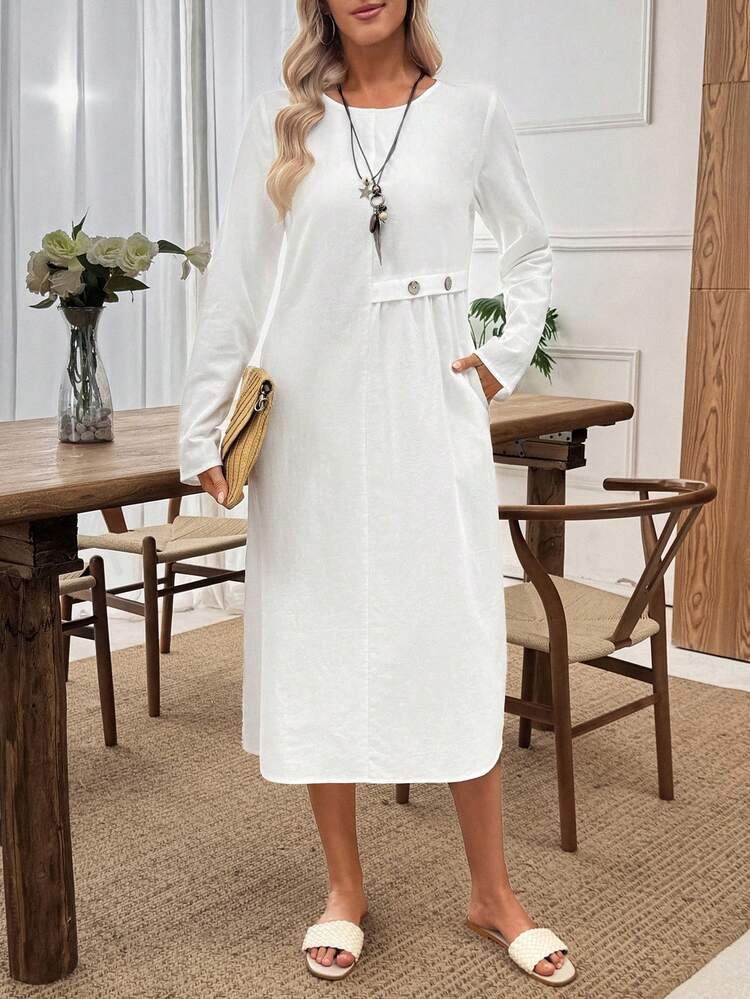 Women's Solid Color Round Neck Long Sleeve Side Button Design Casual Mid-Length Dress Women Dresses Autumn Winter  One-Piece Dress Ladies Autumn Winter Cozy Fall And Winter Clothes For Women