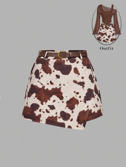 SHEIN MOD Women's Fashion Asymmetric Hem Animal Print Belted Skorts, Cow Print Skort, Western Skirt, Shorts Skirt, Cow Girl Shorts, Western Shorts,Chic Autumn,Fall New Style Women