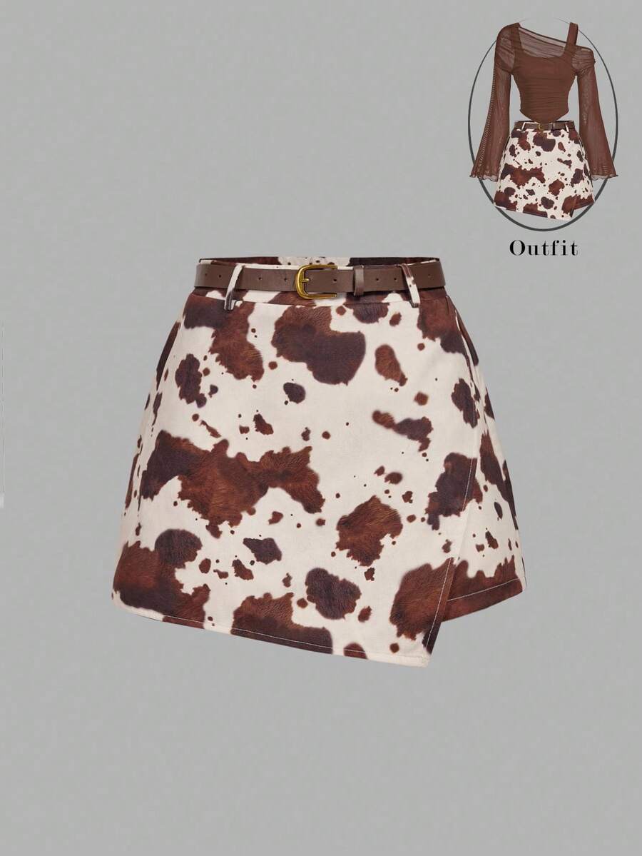 SHEIN MOD Women's Fashion Asymmetric Hem Animal Print Belted Skorts, Cow Print Skort, Western Skirt, Shorts Skirt, Cow Girl Shorts, Western Shorts,Chic Autumn,Fall New Style Women