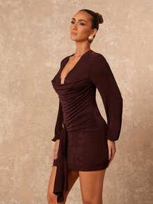 Lumalex Fall Winter Plunging Neck Waist Cinched Metal Decor Flounce Long Sleeve Shiny Fabric Bodycon Mini Dress For Women Eleganza Glamour Elegant New Style Women Luxury Prom Gathering Party Banquet Modest Old Money Coquette Glitter Holiday Party Rave Festival Outing Vacation Hot Outdoor Richly Layered Wedding Season Banquet Christmas New Year Chocolate Brown Dress Long Sleeve Elegant Dress Dark Brown Dress Coffee Brown Dress