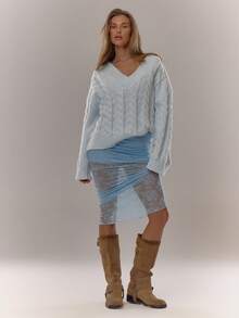 MUSERA Cable Knit V Neck Drop Shoulder Jumper Everyday Cosy Winter Blue And Brown - Baby Blue - View 3
