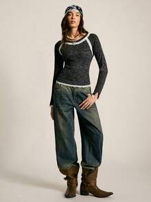 SoleilVie 女士圆领插肩袖蕾丝花边拼接优雅T恤 - 黑色 - 查看 3