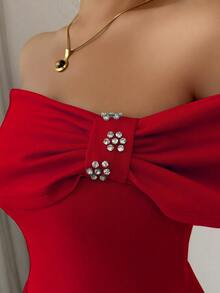 Elenzga 女士时尚露肩短袖水钻装饰喇叭中长连衣裙 - 紅色 - 查看 3