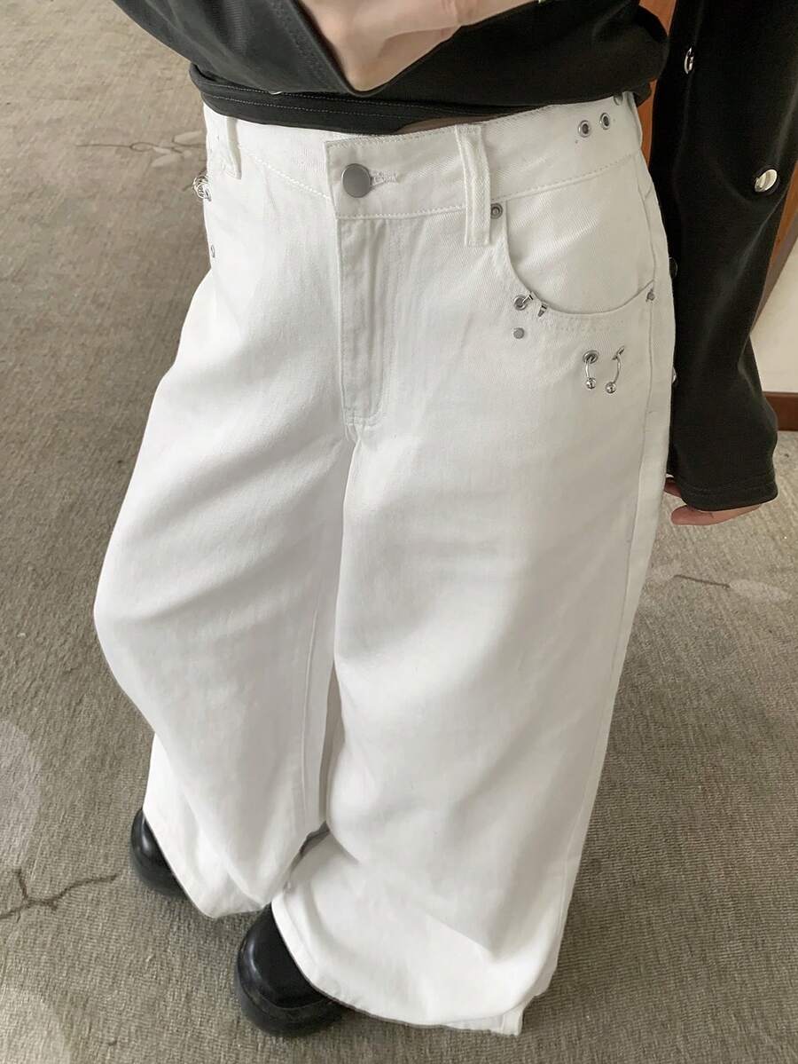 DAZY Quần jeans ống rộng khoét lỗ kim loại thời trang đường phố dành cho nữ, mùa thu - trắng - Xem 1