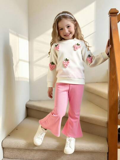 Elladie kids Young Girl Sweet Waffle Texture Strawberry Knitted Top With Flared Pants 2Pcs Suit, Spring/Autumn Outfit For Girls