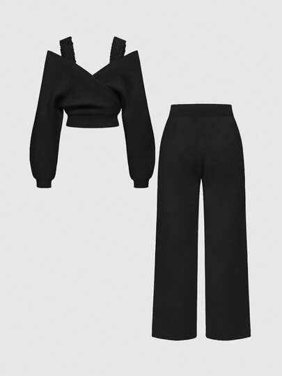 Kawaii 1 set Femme Bretelles d'épaule Col en V Dentelle Bretelles Pantalon ample à jambes larges Tricot confortable Deux pièces