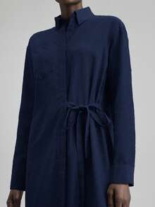 Ontre 女士纯色腰带设计长衬衫裙，都市通勤商务休闲连衣裙，优雅办公室装，适合圣诞派对、新年、度假、海滩 - 藏蓝色 - 查看 7