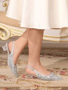 CUCCOO TILAWA Giày cao gót mũi nhọn đính đá pha lê màu bạc cho nữ, thích hợp cho các buổi đi chơi, tiệc tùng, tiệc tùng và các sự kiện khác - Bạc - Xem 6