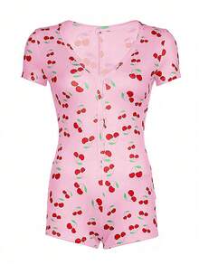 INAWLY 女士 V 领短袖全身樱桃印花纽扣修身连身裤 - 粉色 - 查看 5