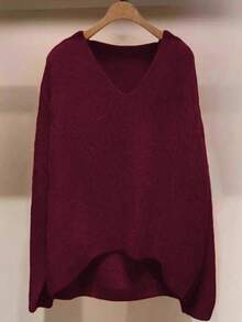 SHEIN LUNE Áo len chui đầu dáng rộng cổ chữ V tay dài thường ngày cỡ lớn dành cho nữ, mùa thu/đông - Màu Đỏ Sâu - Xem 1