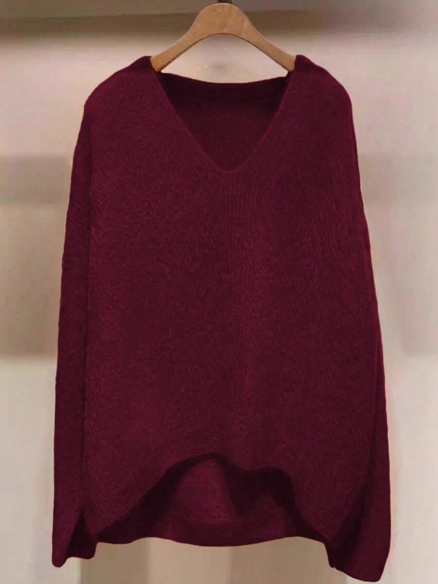 SHEIN LUNE Áo len chui đầu dáng rộng cổ chữ V tay dài thường ngày cỡ lớn dành cho nữ, mùa thu/đông - Màu Đỏ Sâu - Xem 1
