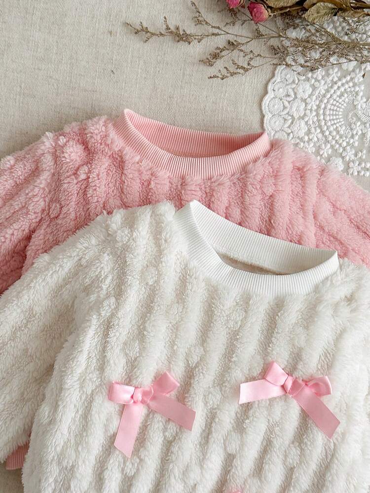 SHEIN Baby Girl 2-Pieces Set Winter & Autumn Back To School Season 6M-3Y Fashionable Warm Plush Ribbon Bow Round Neck Long Sleeve Top , Comfortable & Soft Daily Wear Suitable For Spring, Autumn & Winter Outdoor Wear Casual Ideal As A Gift Daily - Multicolor - View 5