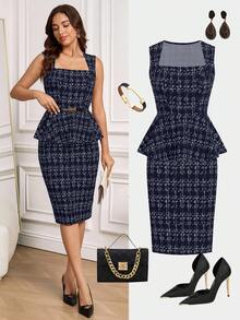 Ellevyn 女士优雅黑色西装，商务/通勤法式百搭格子衬衫和裙子两件套 - 藏蓝色 - 查看 2