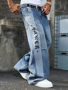 Manfinity EMRG Jeans de ajuste holgado con bordado de letras al estilo americano, para todas las temporadas - Azul - Ver 2
